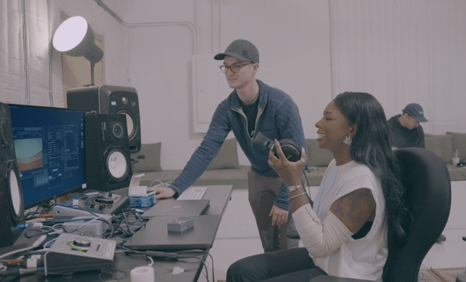 360VME Demo guest surprising at quality holding MDR-MV1 headphones